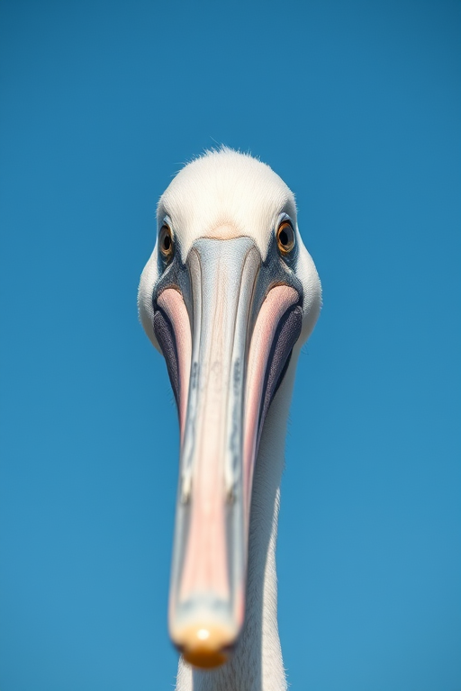 capture a close-up of a pelican's head against a clear blue sky using a DSLR camera, 50mm lens, aperture f/2.8, ISO 100, natural light, sharp focus on the eyes for enhanced detail