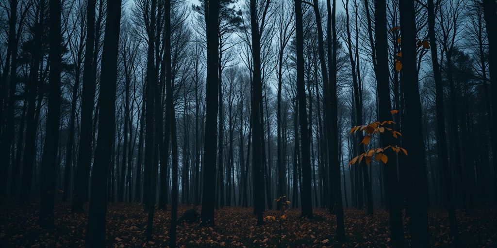 Moody forest scene with dark, slender trees and vibrant orange leaves scattered throughout, captured at dusk, using a DSLR camera with a 50mm lens, aperture f/1.8, ISO 200, shutter speed 1/60 sec, in a portrait orientation for depth and clarity.