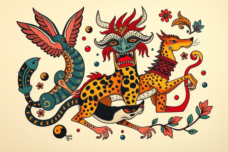 Neo-traditional tattoo named "Mythical Menagerie" featuring stylized animals and fantastical creatures with bold lines, vibrant colors, and decorative elements inspired by folk art