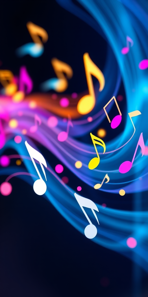 Regenerate a vibrant, flowing representation of musical notes with a dynamic sense of movement, using a DSLR camera at f/2.8, 50mm lens, ISO 100, shot from a slightly elevated angle in natural light for enhanced clarity and detail.