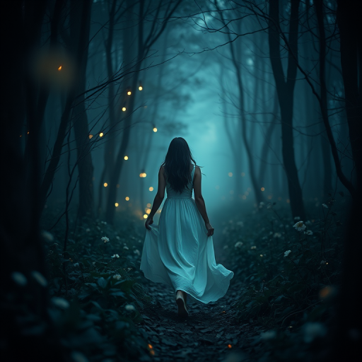 A mystical scene of a woman in a flowing white dress walking through a dimly lit forest with soft glowing lights and flowers around her, captured with a Canon EOS R5, 50mm lens, f/1.8 aperture, ISO 100, shot in soft focus to enhance the dreamy atmosphere.