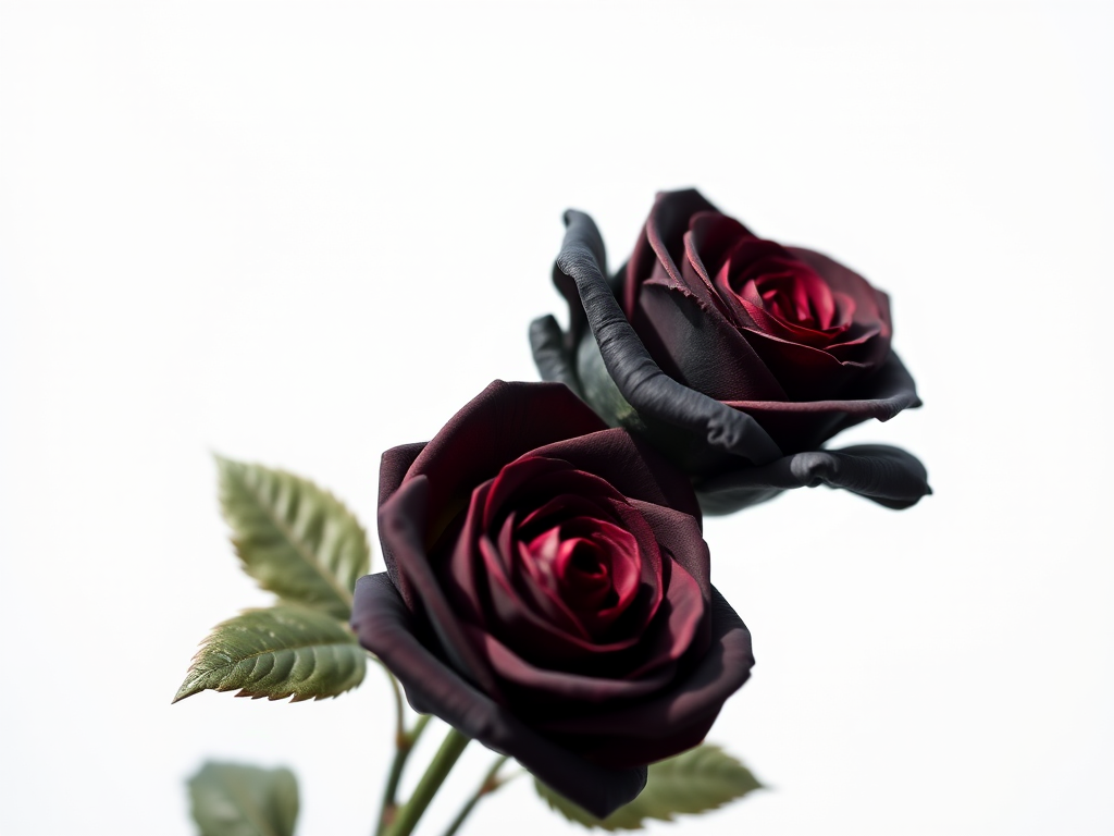 Create a high-resolution image of two stylized black roses on a transparent background, captured with a 50mm lens, f/1.8 aperture, ISO 100, in soft natural light, using a DSLR camera with a macro setting for enhanced detail.