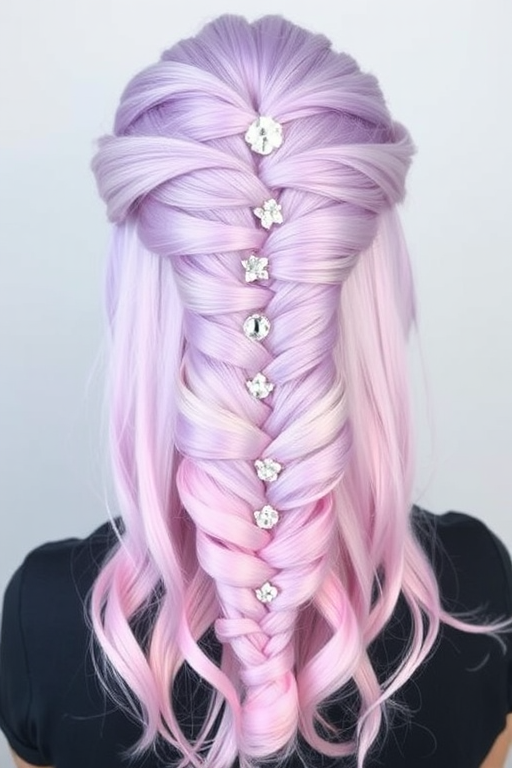 Ethereal lavender strands blend seamlessly into soft pink ends, forming a delicate waterfall braid crowned with sparkling crystal hairpins, showcasing the enchanting "Fairy Whisper" hairdo