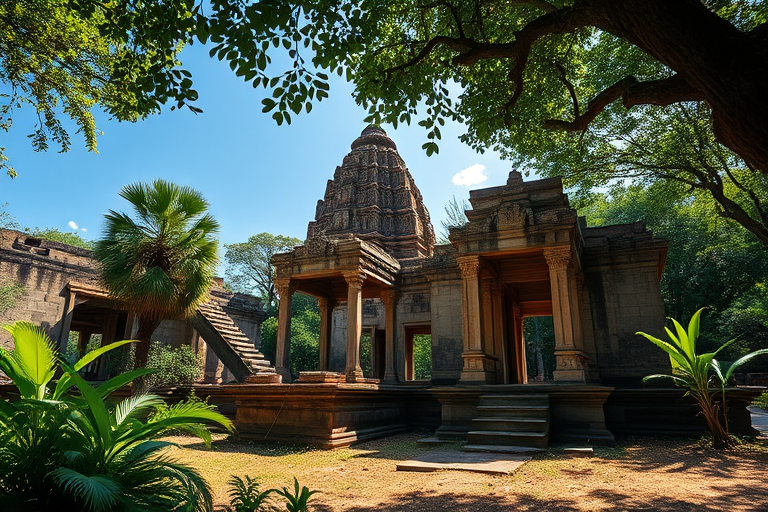 Capture a high-resolution image of an ancient temple ruins surrounded by lush greenery, use a wide-angle lens at f/8, ISO 100, with a Canon EOS R5, from a low angle for depth, in natural sunlight to enhance colors and details.