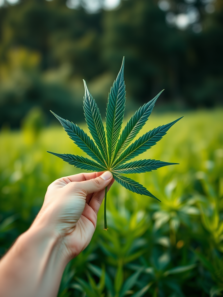 high-quality close-up of a hand holding a large cannabis leaf in a lush green field, daytime, soft focus background, shot with a DSLR camera, 50mm lens, aperture f/2.8, ISO 100, natural light