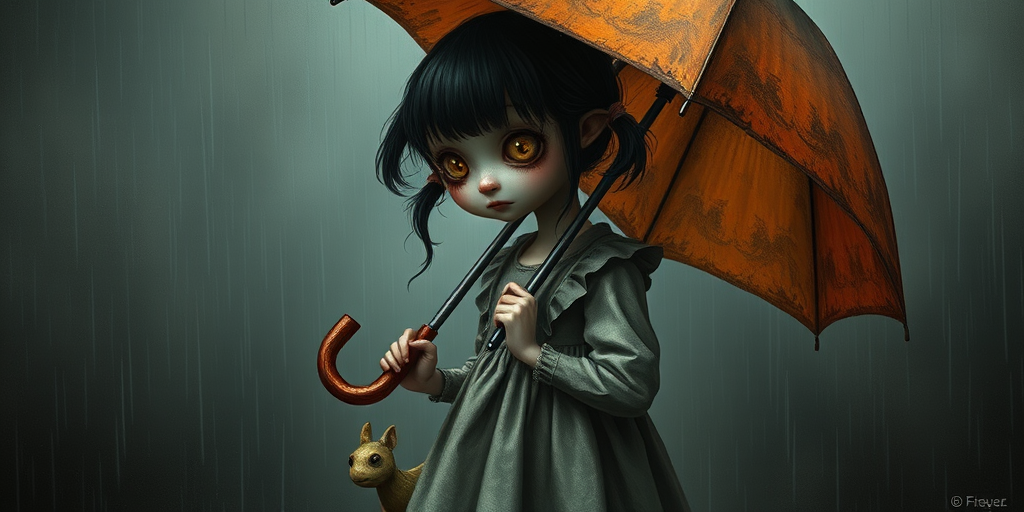 An eerie, weird little girl with dark hair in thin pigtails, wearing a smock dress, standing in the rain, holding a dirty orange umbrella, a small, odd creature beside her. In a surreal style inspired by Nicoletta Ceccoli and Brian Froud. Dark fantasy themes