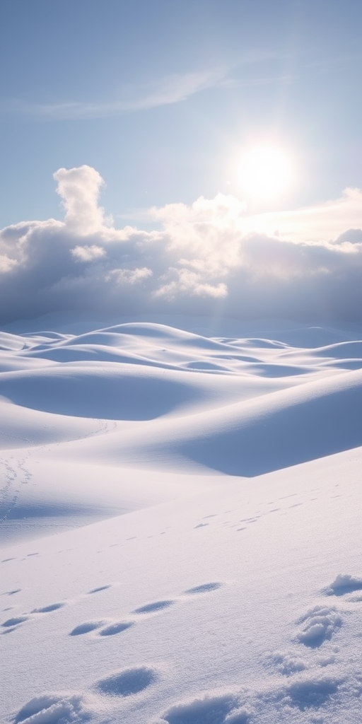 Create a serene winter landscape with rolling snow-covered hills, soft blue tones, fluffy white clouds, and a bright sun in a clear sky, captured with a DSLR camera, 18mm lens, f/11 aperture, and ISO 100 for enhanced sharpness and depth.