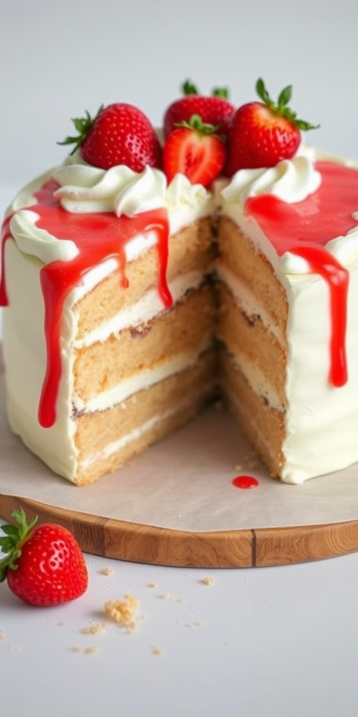 A delicious layered cake with whipped cream and fresh strawberries on top with strawberry sauce drizzling down the sides cut into a slice placed on a wooden board with crumbs scattered around on a light background