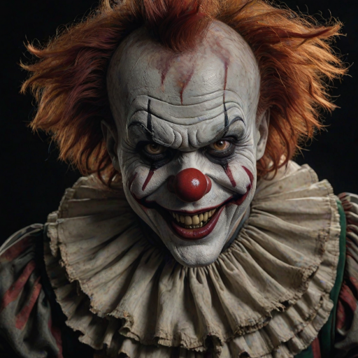 Create a hyper-realistic, dark, and eerie clown with a sinister smile, set against a black background. The clown should have exaggerated makeup with sharp, contrasting colors to enhance its menacing appearance. The overall atmosphere should be unsettling and intense, capturing a sense of horror and suspense