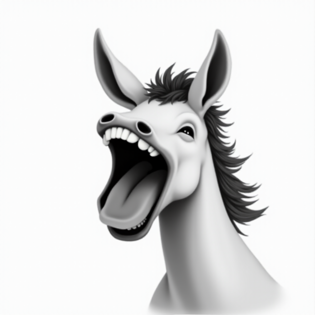 Abstract black and white acrylic portrait of an over exaggerated laughing (horse). Minimalism style. White background.