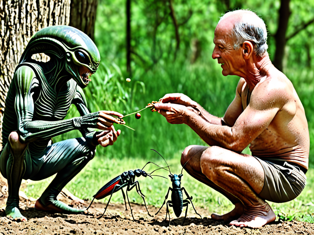 alien feeds a man with a cricket