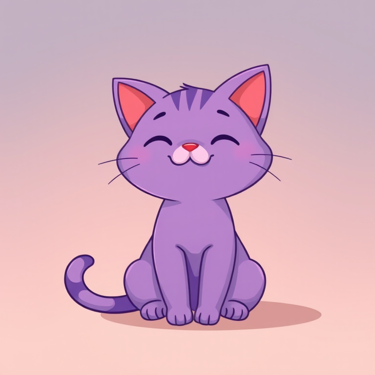 Create an adorable cartoon-style illustration of a smiling purple cat sitting down, with a soft gradient background, using a Canon EOS R6, 50mm f/1.8 lens, aperture set to f/2.8, ISO 100, and a shallow depth of field for a dreamy effect.