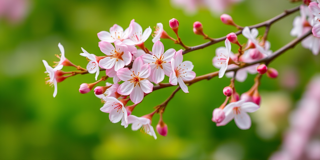 close-up shot of cherry blossom branches with delicate pink flowers, shallow depth of field, ISO 200, aperture f/2.8, shutter speed 1/500 sec, 50mm lens, natural light, DSLR camera, softly blurred green background for enhanced focus on flowers
