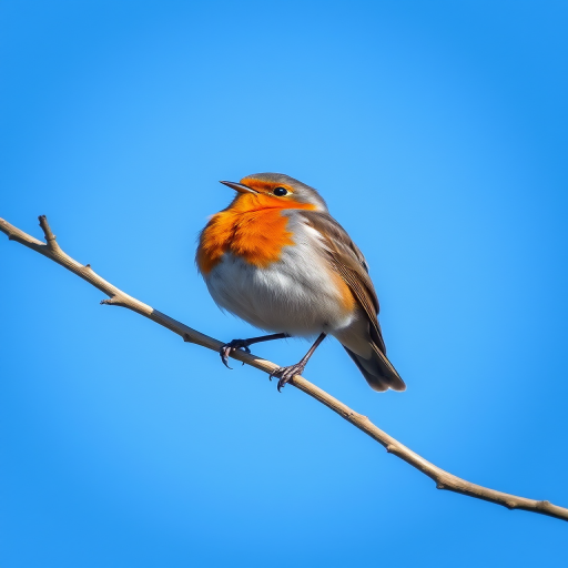 A vibrant European robin perched on a slender branch against a clear blue sky, captured with a Canon EOS R5 at 200mm, f/4 aperture, ISO 100, utilizing a shallow depth of field for soft background blur, with natural lighting to enhance colors.