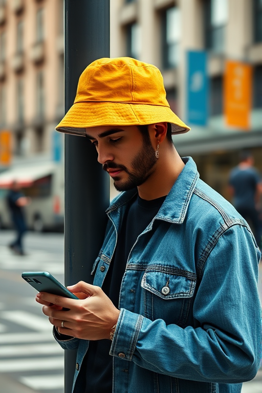 A man wearing a yellow bucket hat and a denim jacket looking at his phone while standing next to a pole in an urban setting, captured with a Canon EOS R5, 50mm lens, f/1.8 aperture, ISO 100, 1/200 sec, natural lighting, shallow depth of field.