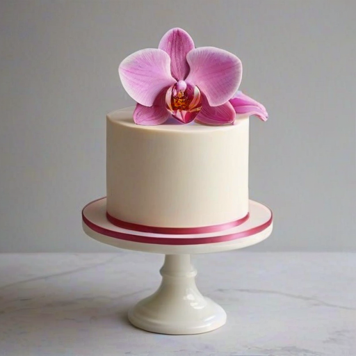 Create an image of a two-tier cake. The top tier should be a smooth pink with a glossy finish and feature a delicate orchid flower on top. The bottom tier should be white and have a clean, elegant design. Place the cake on a simple round cake stand against a soft, neutral background.