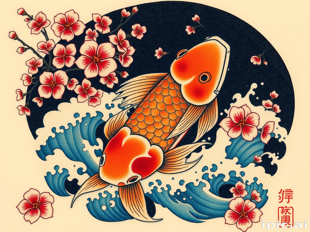 Japanese-inspired irezumi tattoo called "Koi Ascension" featuring a dynamic koi fish swimming upstream through cherry blossoms and turbulent waves, utilizing traditional techniques and vibrant colors