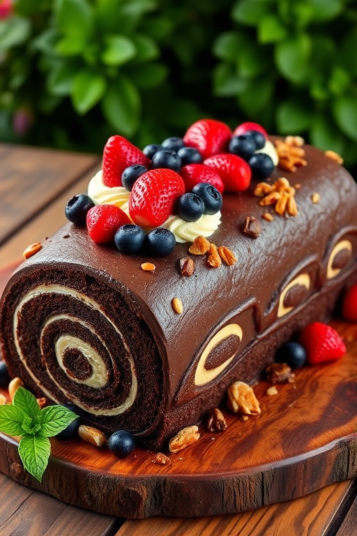 Chocolate log cake decorated with fresh fruits like strawberries and blueberries topped with cream and nuts on a rustic wooden table with green foliage in the background.