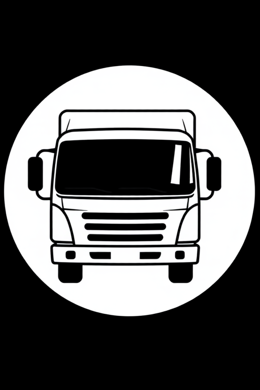 Generate a high-contrast vector graphic of a delivery truck icon, camera settings: ISO 100, aperture f/2.8, shutter speed 1/500s, camera view: front view, camera style: flat design, camera type: digital illustration.