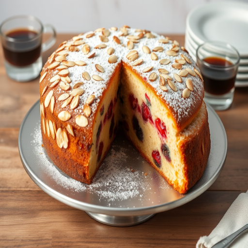 A beautifully baked almond cake topped with sliced almonds and powdered sugar, with a slice removed revealing a moist interior filled with berries, set on a round metal cake stand, accompanied by a small glass of black coffee and a stack of plates in the background.