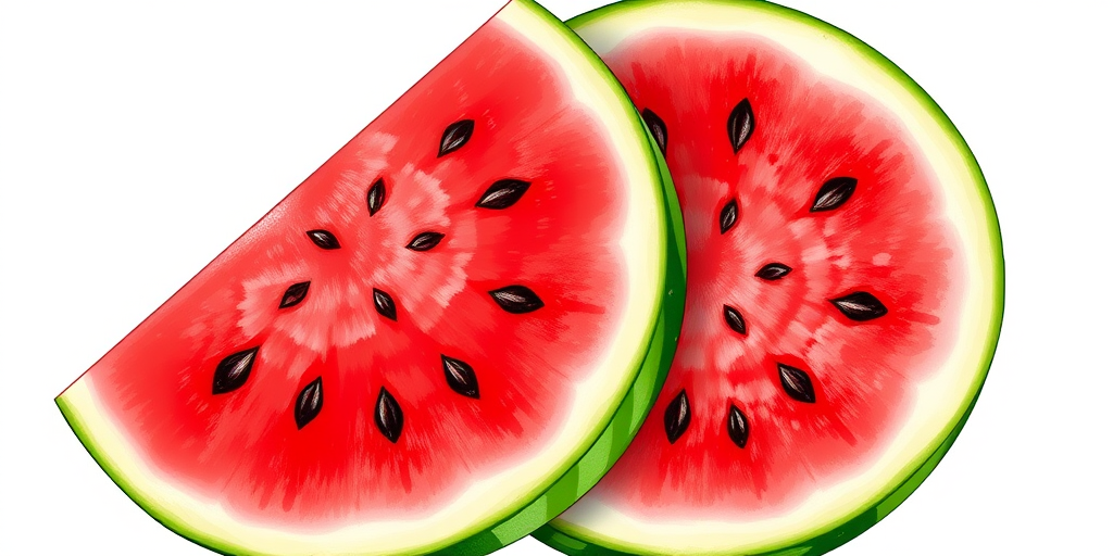 Create a vibrant illustration of two slices of watermelon with detailed textures and bright colors, using a DSLR camera type, 50mm lens, f/2.8 aperture, 1/100 sec shutter speed, and an overhead view for enhanced depth and clarity.