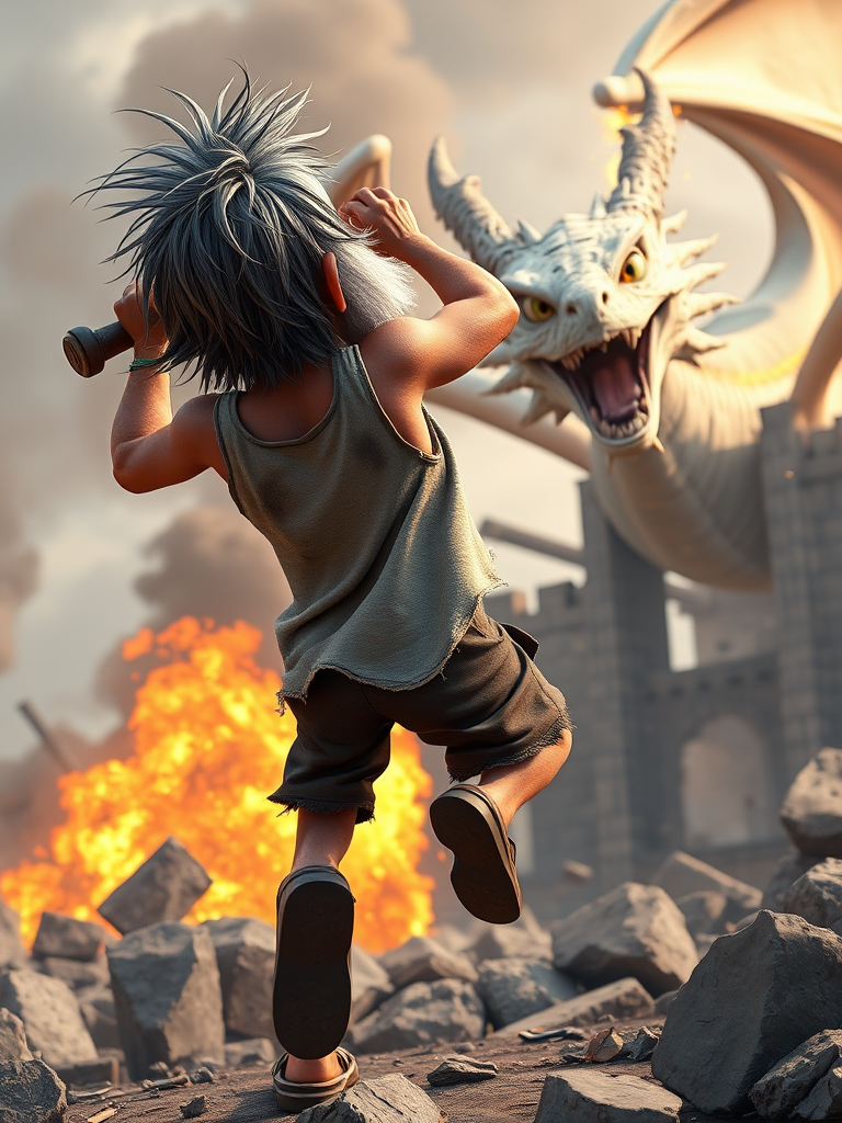 Cartoon 3D High-Resolution,dynamic battle scene using Unreal Engine 5 and Octane Render. The scene features back of an elderly, thai man with a beard,messy hair and round golden-rimmed glasses. He is wearing a tattered tank top with soot marks, shorts, and sandals. sweating. he wields a baseball bat. He jump to fight with a white fire-breathing Europe dragon amidst a partially destroyed stone castle. Include intense flames, smoke, and debris to enhance the dramatic effect.