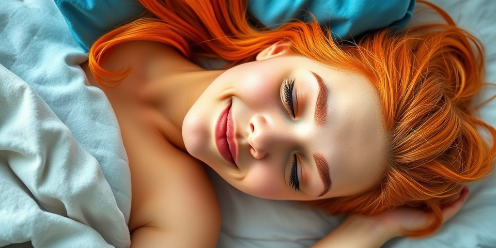 Create a high-quality image of a smiling person with orange hair sleeping peacefully on a bed, with blue pillows, focused on facial expression, using a DSLR camera with a 50mm lens at f/2.8, natural light, top-down view, with vibrant colors and soft shadows.