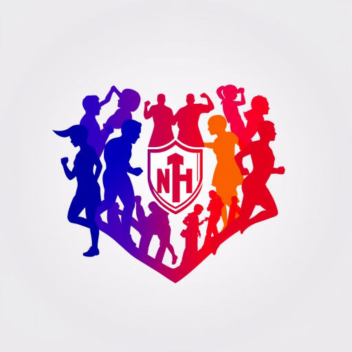 Create a high-resolution graphic design featuring a heart shape intertwined with silhouettes of athletes, incorporating a stylized shield emblem in the center, shot with a DSLR camera at f/2.8, ISO 100, 50mm lens, standard view, and vibrant colors to enhance clarity and detail.