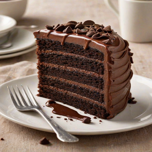 Create an image of a slice of rich chocolate cake with three layers, showcasing a smooth chocolate frosting between each layer. The cake should have a moist texture, and the scene should be inviting with a simple white plate and a soft background.