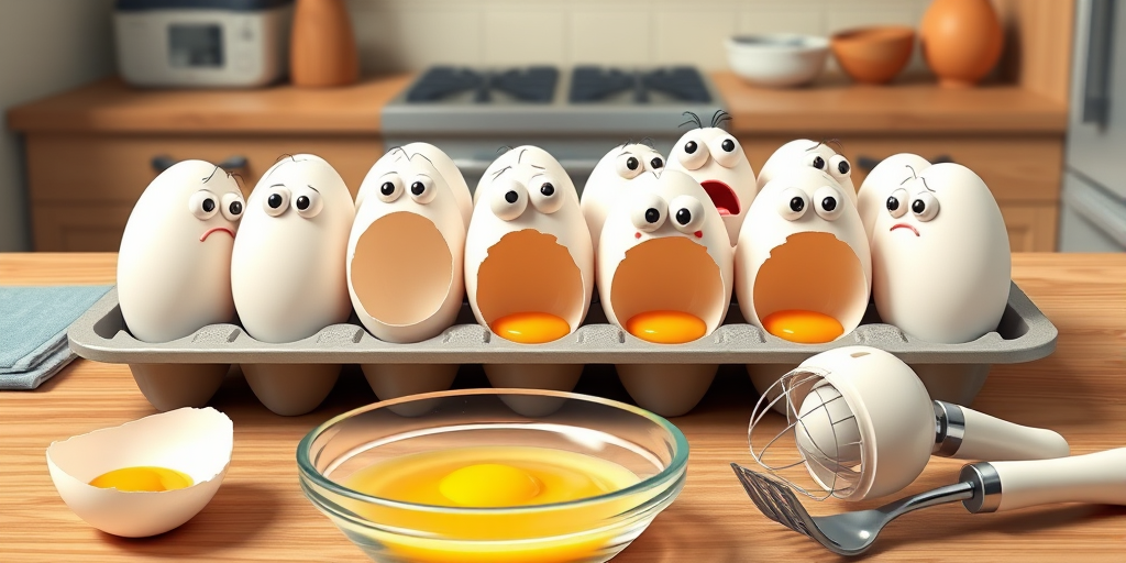 Caricature. A tray of 12 white eggs with bulging eyes and tiny mouth looking frightened at the sight of cracked empty egg shells. a transparent glass bowl of egg yolks, eggbeater, fork on the table. background kitchen, intrinsic details. humorous funny cartoon, 3D.