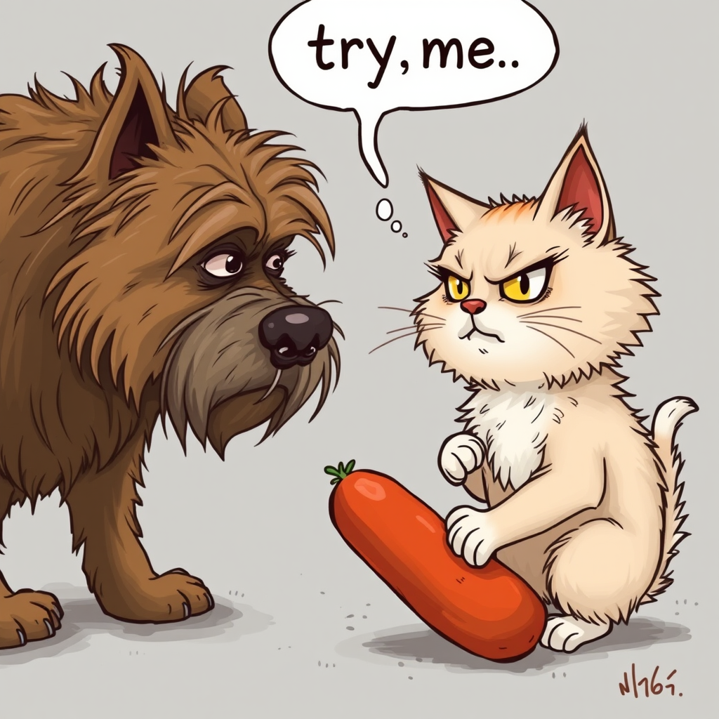 caricature of a silly whimsical fluffy cat with a mean look she has one foot on a sausage and is looking at an old scraggly big dog the cat has a thought bubble above her head that says “try,me"
