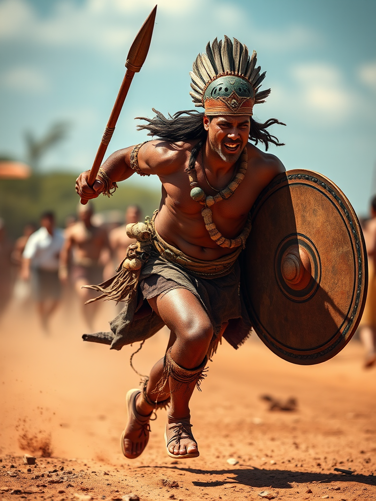 Create a dynamic image of a muscular warrior running with a spear and shield, wearing traditional tribal attire, in a painted style, using a DSLR camera, 50mm lens, f/1.8 aperture, ISO 100, shot in natural light, from a low angle to emphasize strength and motion.