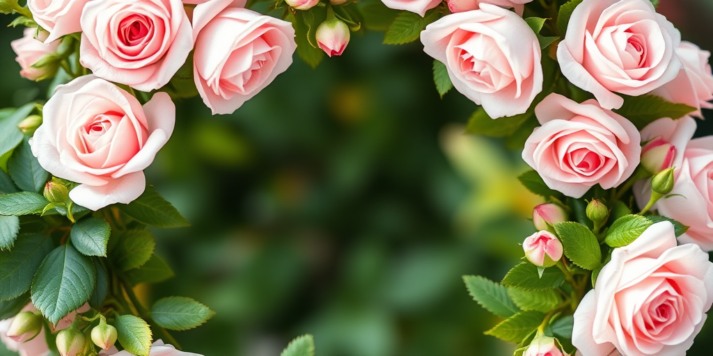 Create a circular floral frame featuring soft pink roses and green foliage, shot with a DSLR camera at f/2.8, 50mm lens, in natural light for a soft focus effect, using a shallow depth of field for enhanced image quality.