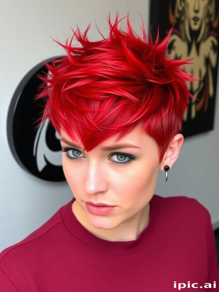 Fiery red pixie cut with spiky texture, known as "Phoenix Flame," features bold crimson hues and edgy styling that exudes confidence and attitude