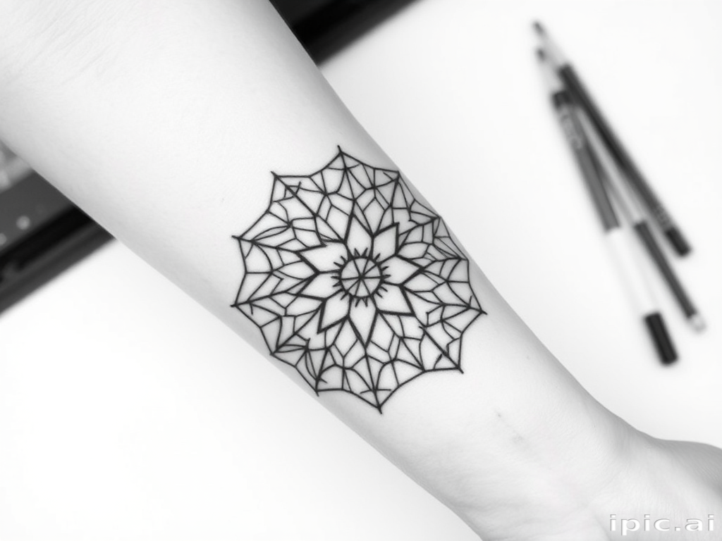 Minimalist blackwork tattoo called "Geometric Harmony" composed of precise, interconnected geometric shapes forming a mandala-like pattern, using varying line weights to create depth and dimension, with negative space incorporated to enhance the overall design, ideal for forearm or chest placement