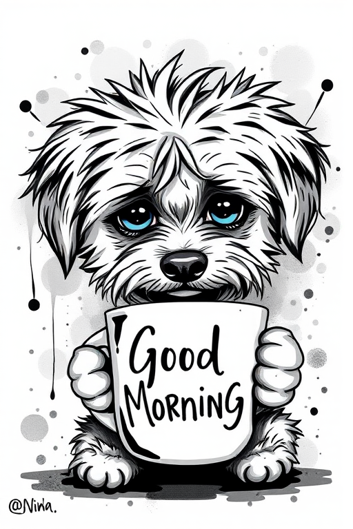A quirky, artistic illustration of a disheveled peekapoo dog breed with exaggerated, large eyes and spiky fur, holding a coffee mug that reads "Good Morning". The dog has a tired but humorous expression, with ink splatters and abstract details surrounding it, giving a whimsical feel to the image. The color palette is mostly monochrome with hints of blue in the eyes and steam rising from the mug, enhancing the overall sleepy vibe