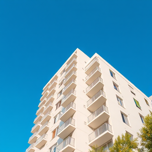 modern apartment building with clean lines and balconies against a clear blue sky, shot with a 35mm lens at f/8, ISO 100, shutter speed 1/200s, low angle view, taken with a DSLR camera for sharp detail and vibrant colors