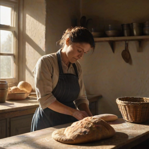 Old farmhouse kitchen, sunlight streaming through the windows, a woman stands at the counter, kneading dough for homemade bread, the scent of baking filling the air.
