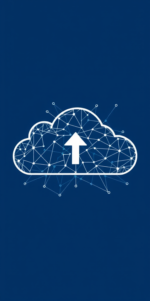 Create a high-resolution digital illustration of a cloud with a network pattern, featuring an upward arrow symbol in the center, use a Canon EOS 5D Mark IV camera, set aperture to f/8, ISO 100, 24mm focal length, and natural light for optimal clarity and detail.