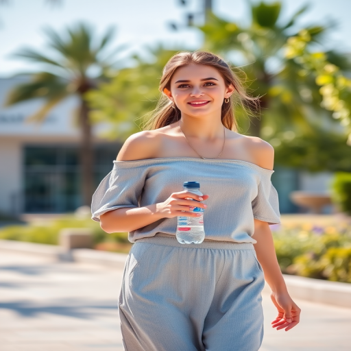 Generate an image of a young woman walking in a sunny outdoor setting, wearing a light gray off-shoulder top and a matching skirt, holding a water bottle, with soft natural lighting and blurred background, using a DSLR camera with a 50mm lens, aperture f/1.8, shutter speed 1/200s, ISO 100, and a slightly low angle view for a vibrant, sharp focus on the subject.