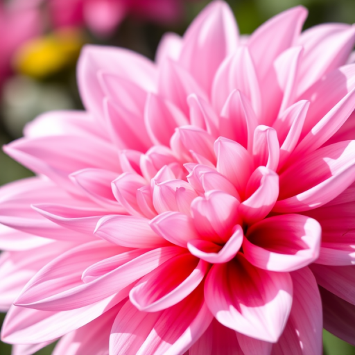 a close-up of a pink dahlia flower with intricate petal details, taken with a DSLR camera, aperture f/2.8, shutter speed 1/200s, ISO 100, 50mm lens, natural lighting, shallow depth of field, bright and vibrant colors