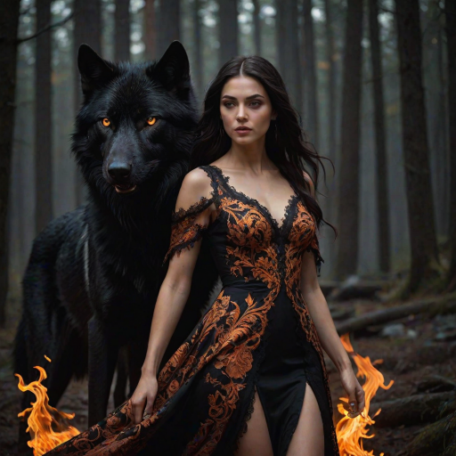 A woman with long dark hair, wearing a black lace dress that seamlessly blends into her skin with intricate floral patterns. She is in the foreground, with a black wolf beside her; its fur is midnight black, and it has glowing, intense, orange eyes that match hers. Her eyes are partially closed with burning embers above them, giving a fiery and mystical aura. The background is engulfed in tall, roaring flames, contributing to an overall dark and supernatural atmosphere. The colors are intense, predominantly black, fiery orange, and deep reds, with sharp contrast highlighting the mysterious and fierce theme. The flames are bright and dynamic, casting dramatic light and shadow, illuminating the woman and wolf while leaving parts in near darkness. The image evokes a sense of otherworldly power and connection between the woman and the wolf.