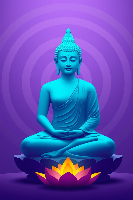 Create a digitally enhanced image of a serene Buddha silhouette in vibrant turquoise, seated in a meditative pose, with a golden lotus flower at the base and concentric circles of purple and lavender radiating softly in the background, captured with a Canon EOS R5 at f/8, ISO 100, 50mm lens, in a high-resolution, vibrant color style.