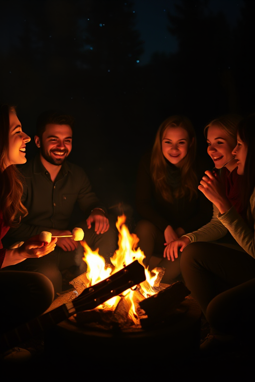 Low-light, intimate snapshot of a group of friends gathered around a small bonfire, soft orange glow illuminating their faces, laughter and conversation filling the air, stars twinkling above, marshmallows roasting on sticks, a guitar propped against a log nearby, the soft crackling of the fire the only other sound.