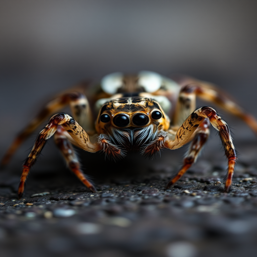 macro photograph of a spider on a textured surface, aperture f/2.8, shutter speed 1/200s, ISO 100, 100mm macro lens, soft natural lighting, shallow depth of field, focused on the spider's face, DSLR camera