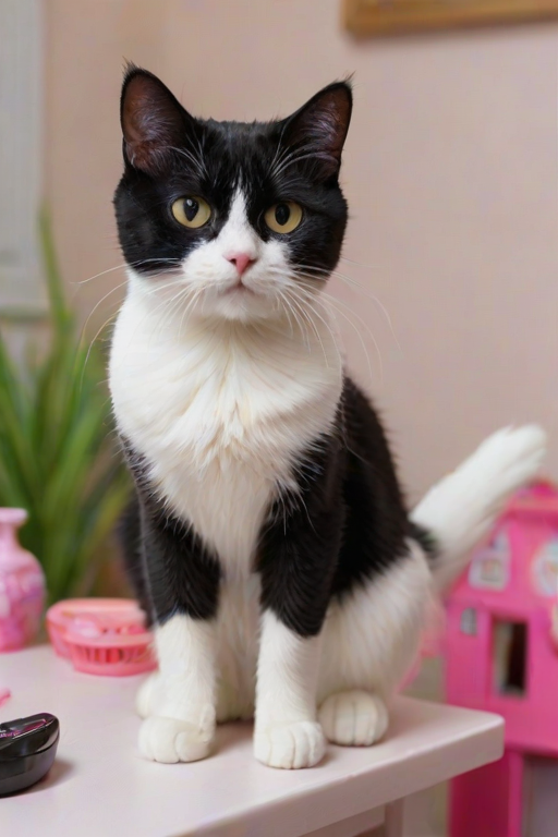 A close-up photograph of a white and black cat sitting on a table, with Barbies standing beside it. The cat's tail is curled beside it, and its predominantly white face shows a distinctive expression, resembling a domestic shorthair, with slightly squinted eyes that convey frustration. The cat sits grumpily, seemingly unimpressed by the presence of Barbies.