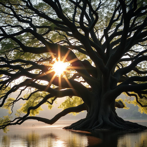 Regenerate an enchanting scene of a large, ancient tree with sprawling branches overhanging a serene lake at dawn, capturing the sun's rays filtering through the leaves, using a DSLR camera with a 35mm lens, f/8 aperture, ISO 100, and a soft-focus background.