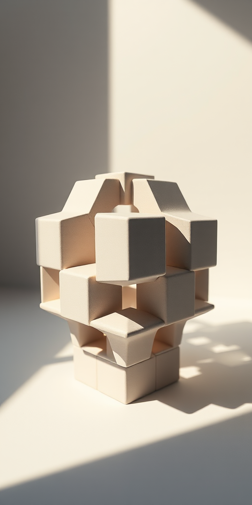 Generate a high-resolution image of a 3D geometric shape resembling interlocking cubes with soft shadows, using a Canon EOS R5 camera, f/8 aperture, 50mm lens, and ISO 100, with a 45-degree angle view and studio lighting to enhance depth and contrast.