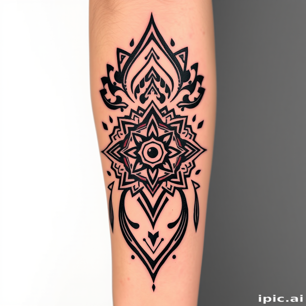 Tribal-inspired tattoo titled "Ancient Roots" incorporating bold geometric patterns and symmetrical designs inspired by various indigenous cultures around the world