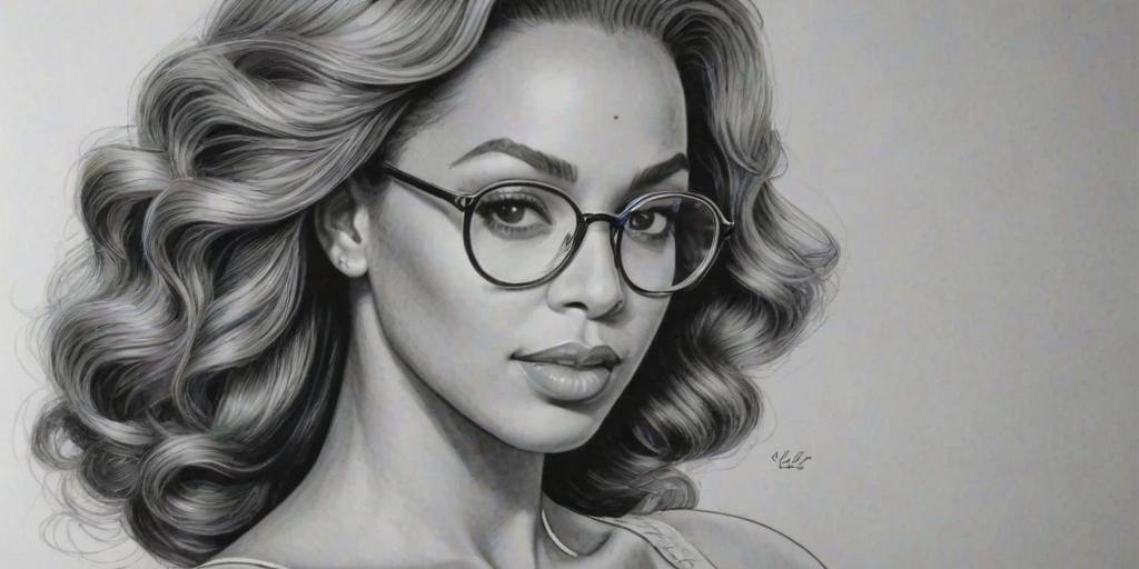 Alluring Beyonc' Knowles, pencil sketch, portrait of Fascinating woman 1936s in glasses, hair style beatnik, outline, clear lines, fine lines, 8k